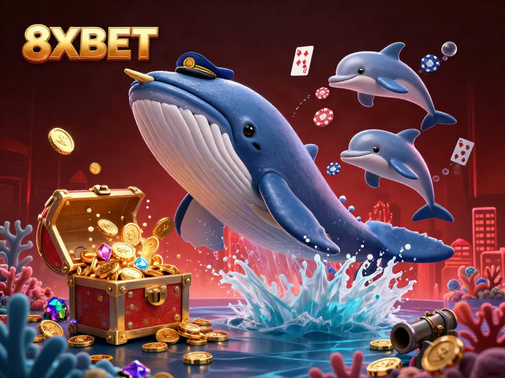 Experience excitement with 8XBET through vibrant characters and sparkling casino elements in this underwater scene.