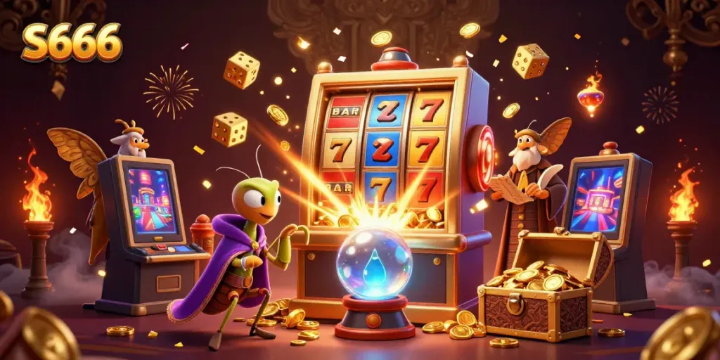 Experience the thrill of S666 with a vibrant illustration of a slot machine jackpot explosion surrounded by engaging casino game elements.