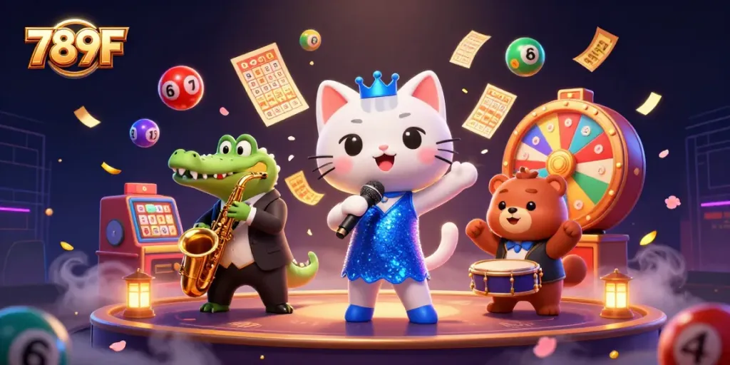 Engage with thrilling lottery and casino fun at 789F with vibrant characters and dynamic gaming elements.