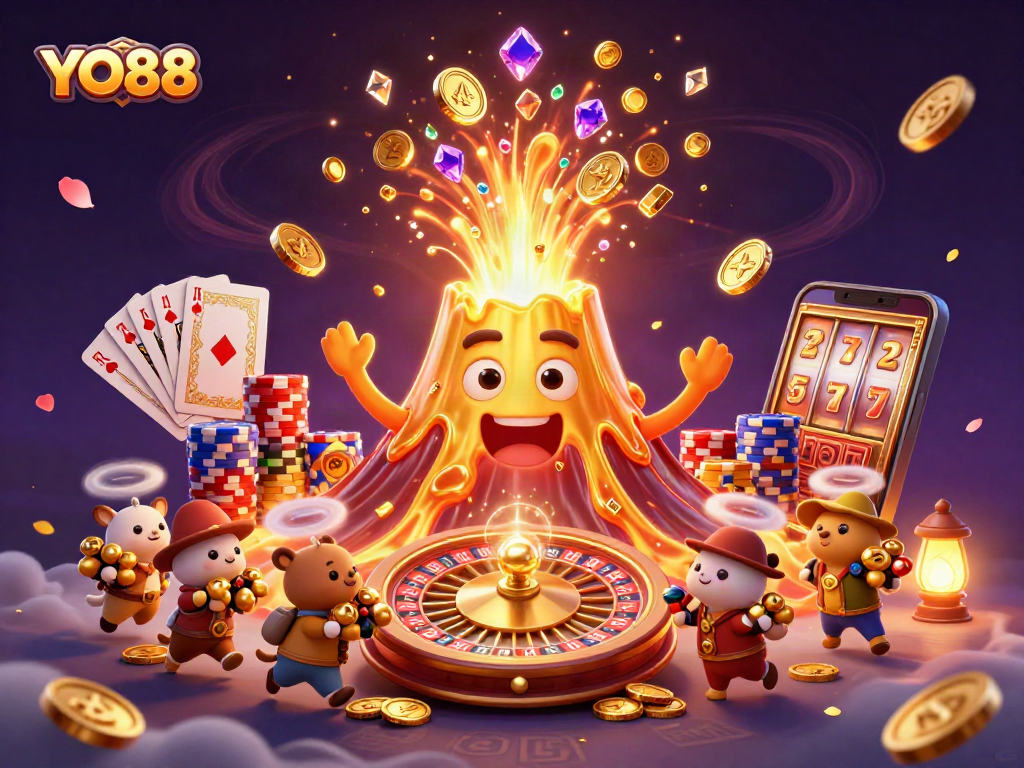 Watch triumph and treasure flow from the YO88 volcano in this thrilling casino illustration.