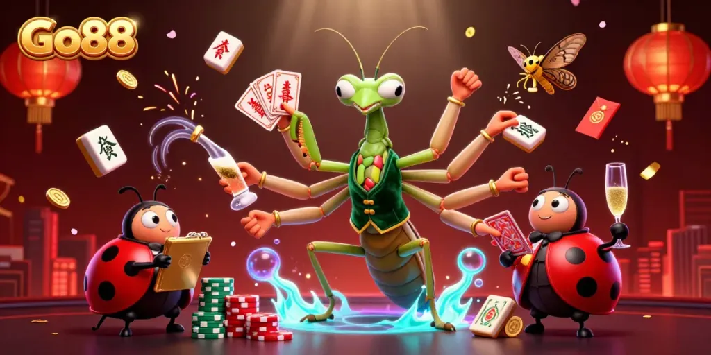 Experience the thrilling world of Go88 with this vibrant 3D illustration featuring unique casino characters.