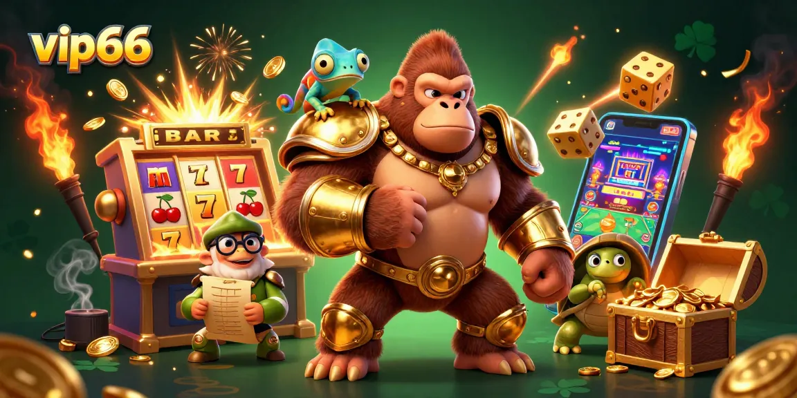 Experience thrilling gaming action at vip66 with a gorilla king and his companions celebrating a jackpot.