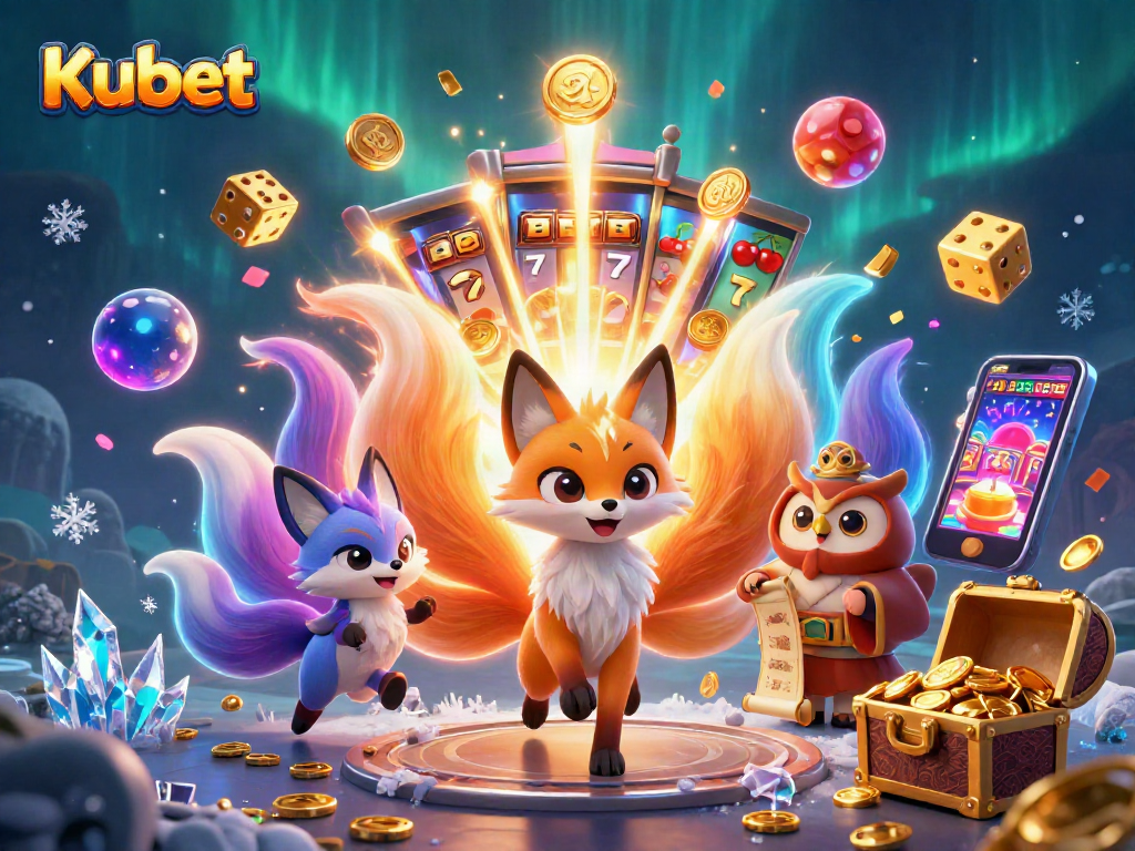 Kubet showcases vibrant 3D illustrations of a nine-tailed fox and a wise owl amidst dynamic casino elements.