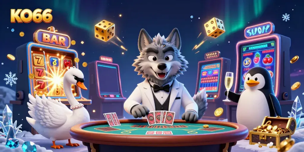 Experience the thrilling atmosphere of KO66 casino with vibrant characters, games, and jackpots.