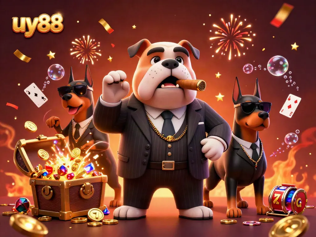 Experience thrilling gameplay at uy88 with a vivid illustration of a cartoon mafia bulldog in a casino environment.