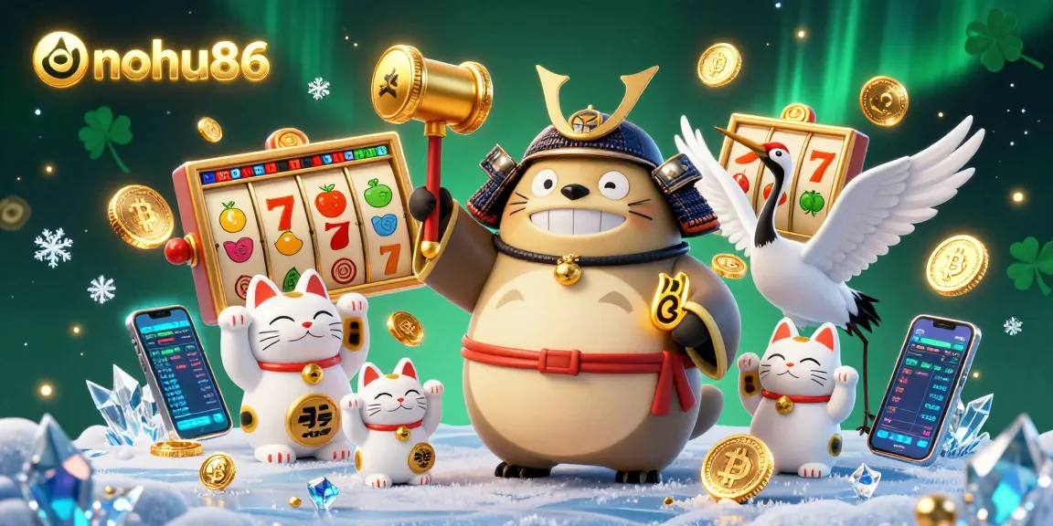Engage with nohu86 in a vibrant 3D illustration featuring festive gaming elements and cheerful characters.