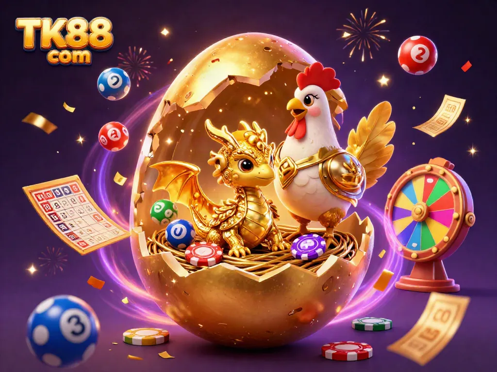 Experience the excitement of TK88 com with a golden dragon and lively casino elements in this vibrant scene.