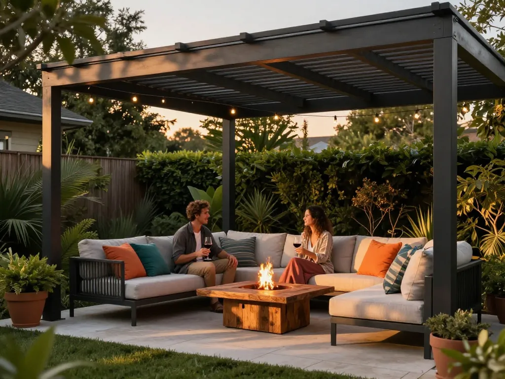 Couple enjoying their evening under a stylish pergola configurator with adjustable louvered roofs, enhancing outdoor living.