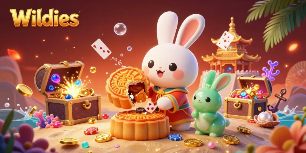 Experience the Wildies casino world with the moon rabbit pounding mooncakes revealing poker chips.