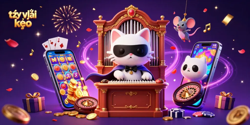 Experience the thrilling tỷ lệ kèo atmosphere with 3D characters in a vibrant casino scene, celebrating on a smartphone slot game.