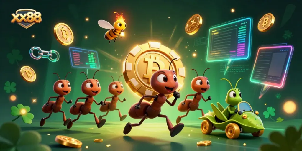 Engaging scene of ants involved in a heist under xx88’s branding with neon crypto elements.