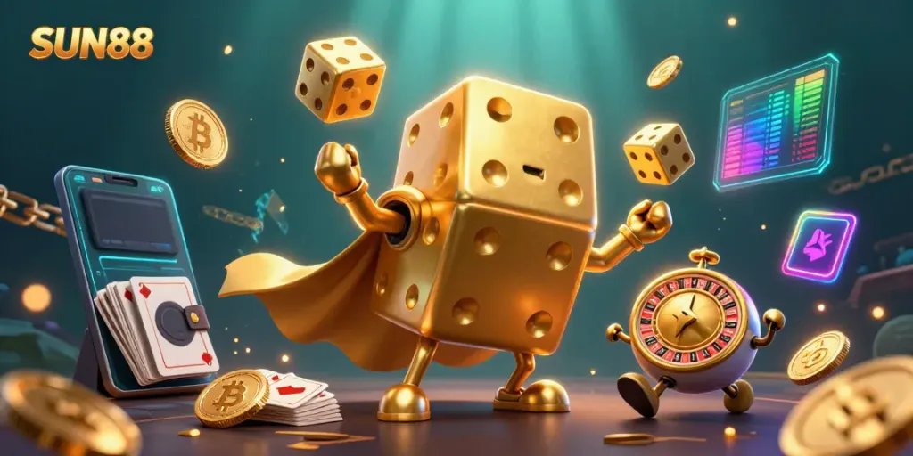 Engage with SUN88's vibrant animated casino world featuring golden dice, crypto coins, and lively game elements.