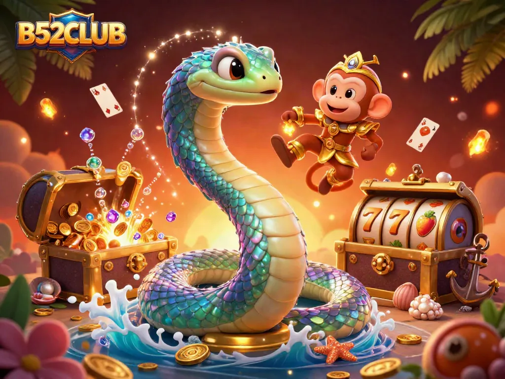 B52CLUB players enjoy a rich casino experience with dynamic slots and vibrant game elements in a magical scene.