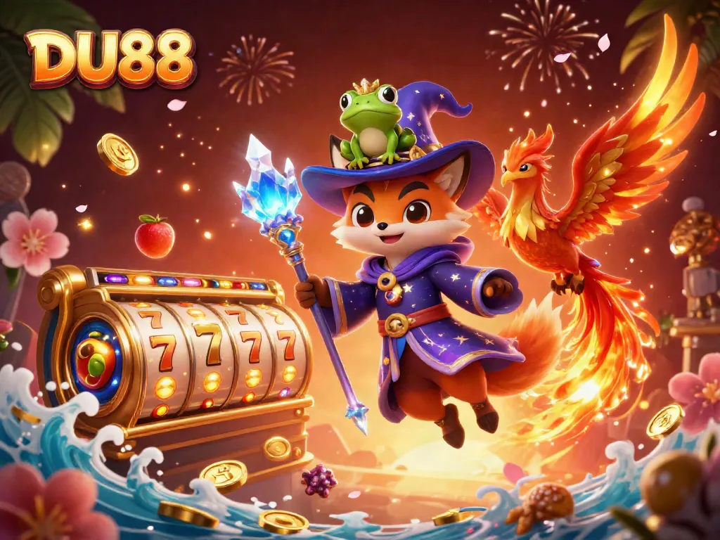 Experience DU88's thrilling casino atmosphere with a mystical wizard, phoenix, and dynamic slot game elements.