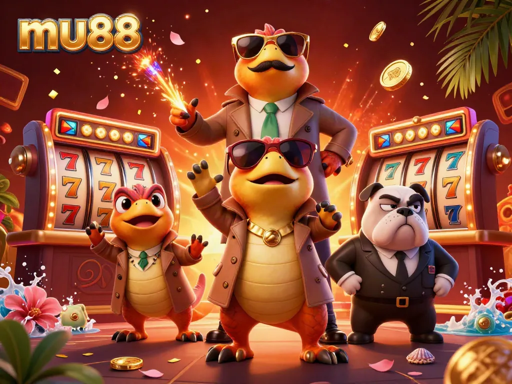 Bet confidently with mu88 at a vibrant casino scene featuring raptors and festive elements.