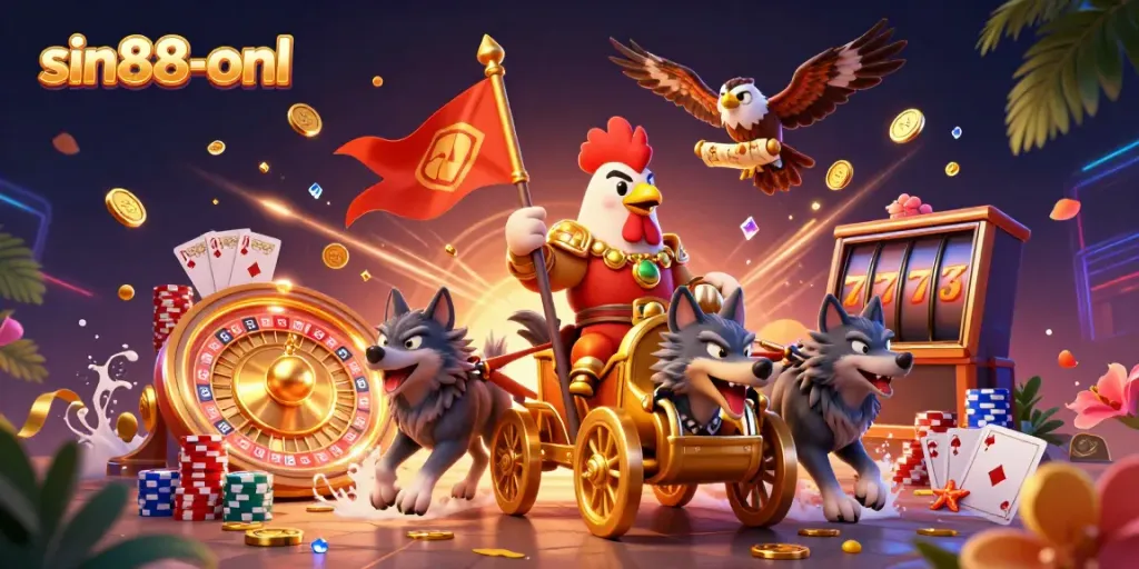 Experience the thrilling world of sin88-onl with rooster warlord in a dynamic casino scene.