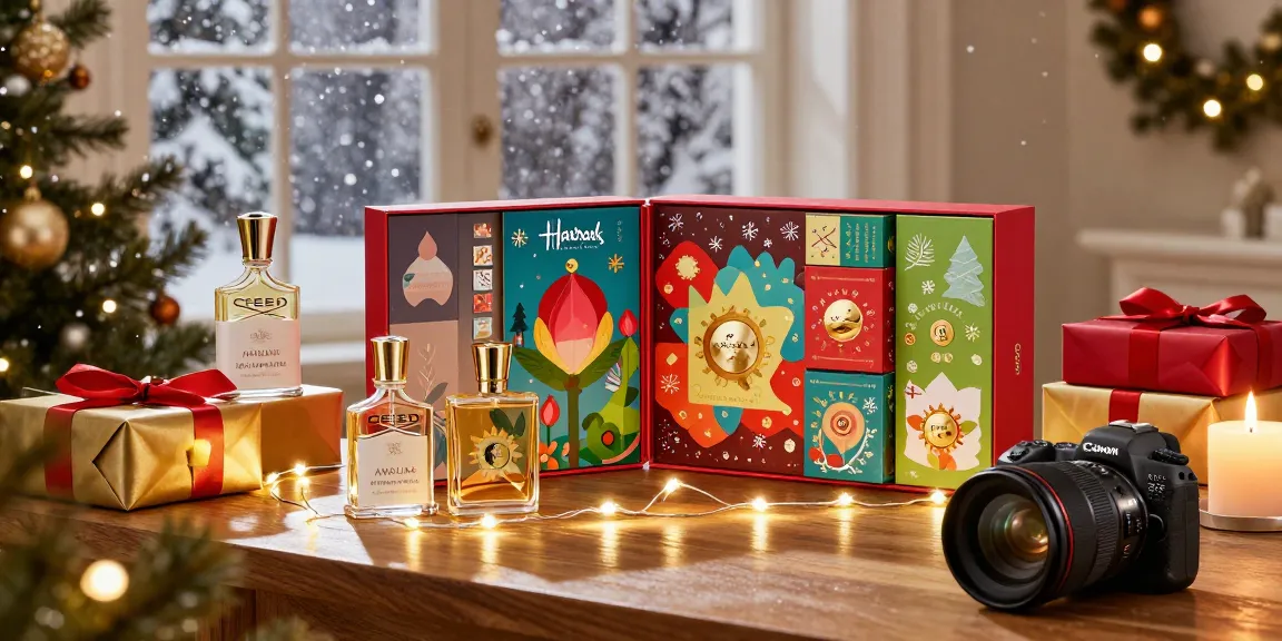 Advent calendar Harrods displayed in a festive setting with luxury fragrance bottles and holiday decorations.