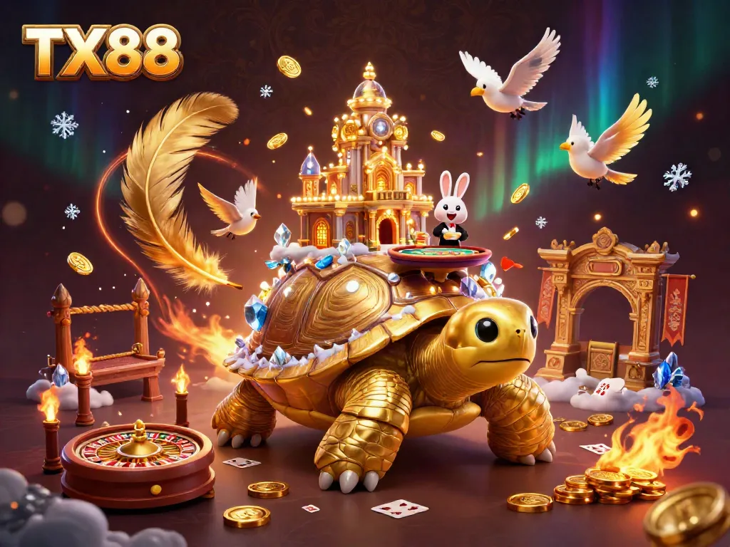 Experience exciting casino gaming with TX88's golden tortoise and rabbit dealer amidst dynamic elements.