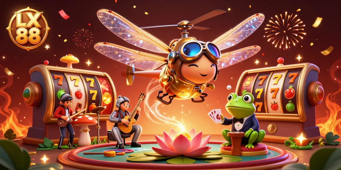 Experience LX 88 thrilling slots with a cartoon dragonfly pilot and casino ambiance.