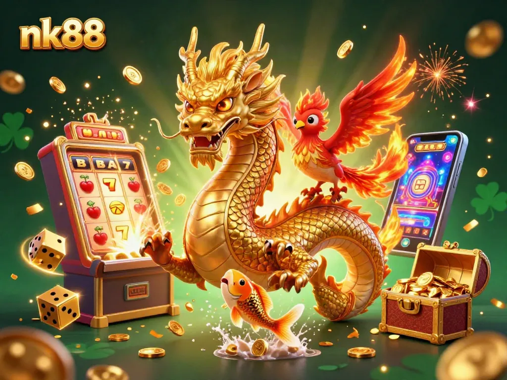 Engage with nk88’s thrilling casino experience featuring a golden dragon amidst a jackpot scene.