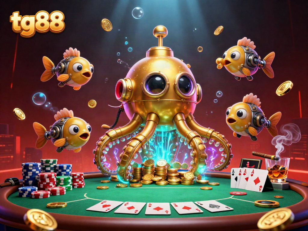 Win big with tg88 in a vibrant, detailed casino scene showcasing poker elements.