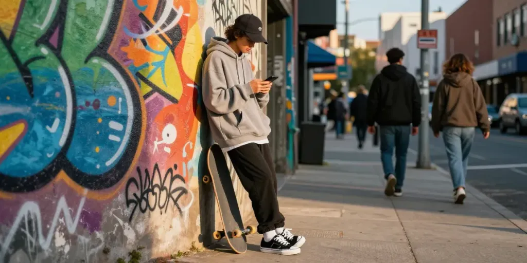Urban street style featuring rokok88; young person in streetwear engaging with smartphone amidst vibrant city life.