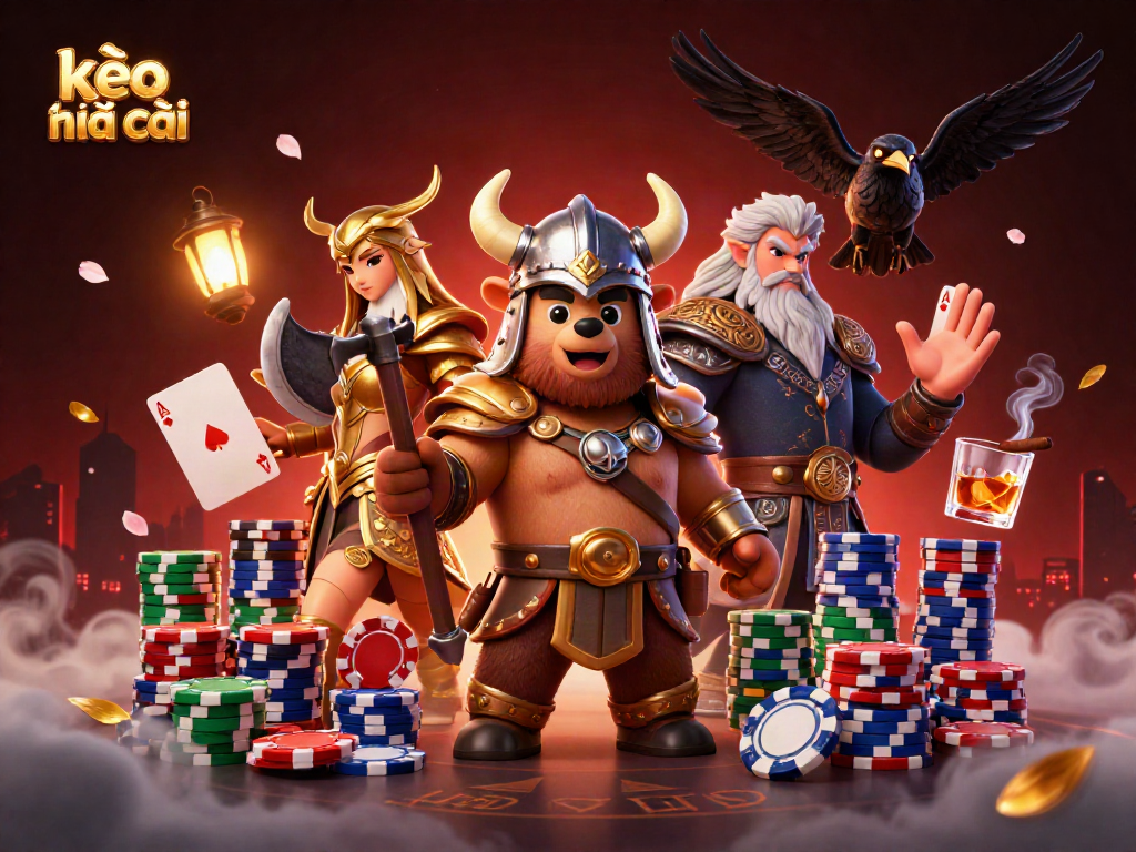 Engage with the exciting kèo nhà cái scene featuring a Viking bear and Valkyrie eagle at a vibrant poker table.