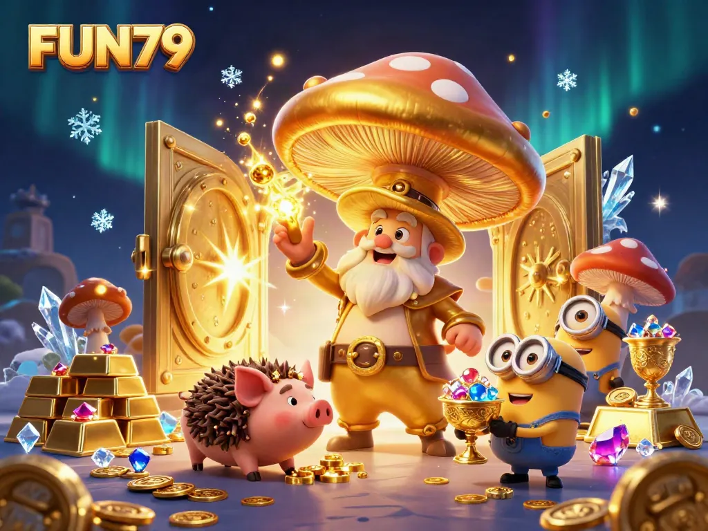 Experience the magic of FUN79 with a whimsical wizard and treasures in a captivating casino scene.