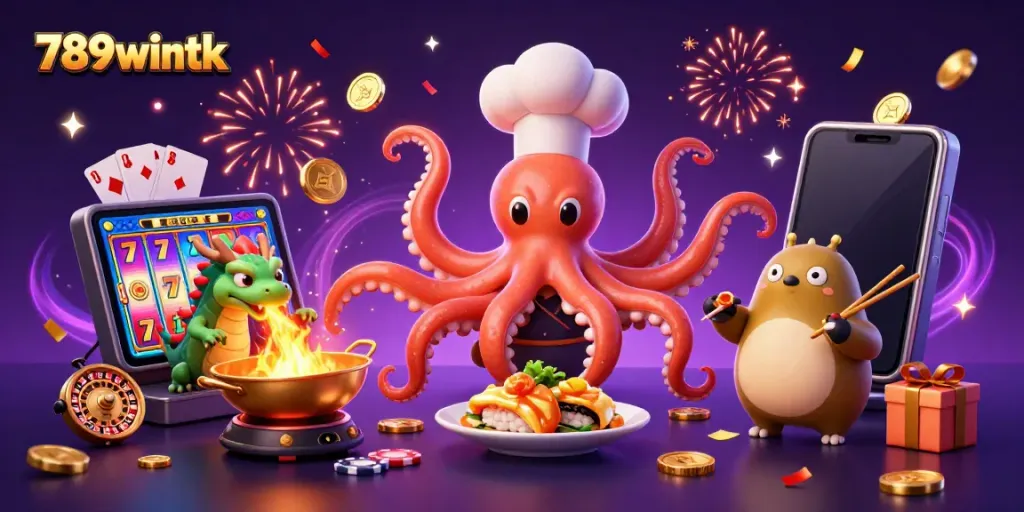 Experience thrilling fun with 789wintk as a sushi chef octopus serves delights in a lively casino atmosphere.