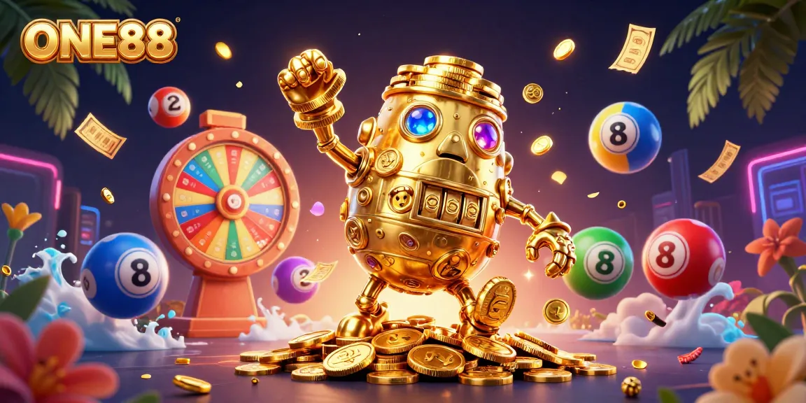 ONE88 introduces thrilling golden golem amidst colorful lottery balls, enhancing online gambling excitement.