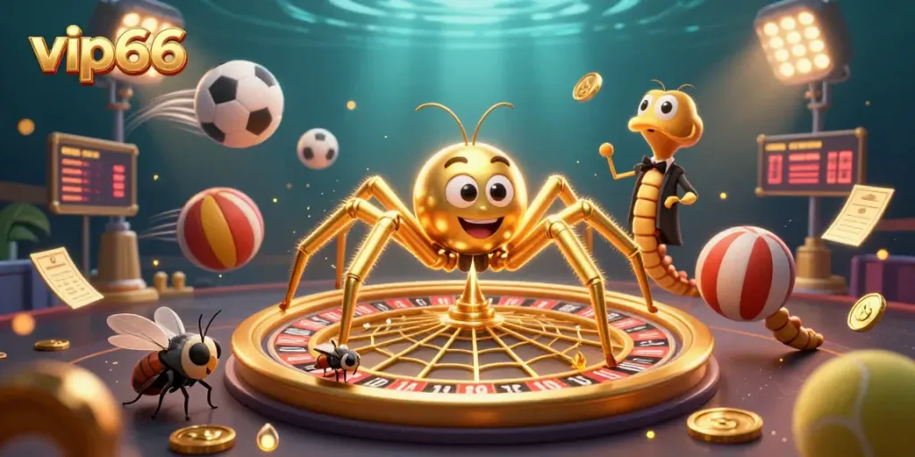 Bet on exciting games at vip66 with a golden spider spinning a roulette wheel