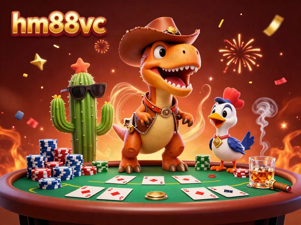 Engage in the vibrant world of hm88vc as a cowboy dinosaur plays poker surrounded by colorful casino elements.