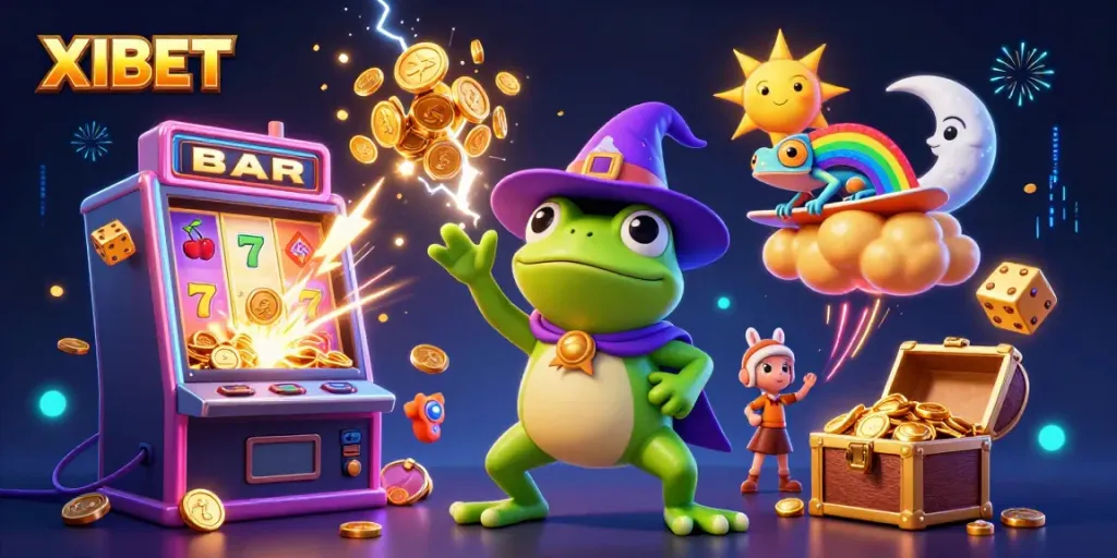 XIBET showcases an exhilarating 3D illustration of a wizard frog and friends sharing a jackpot moment among casino treasures.