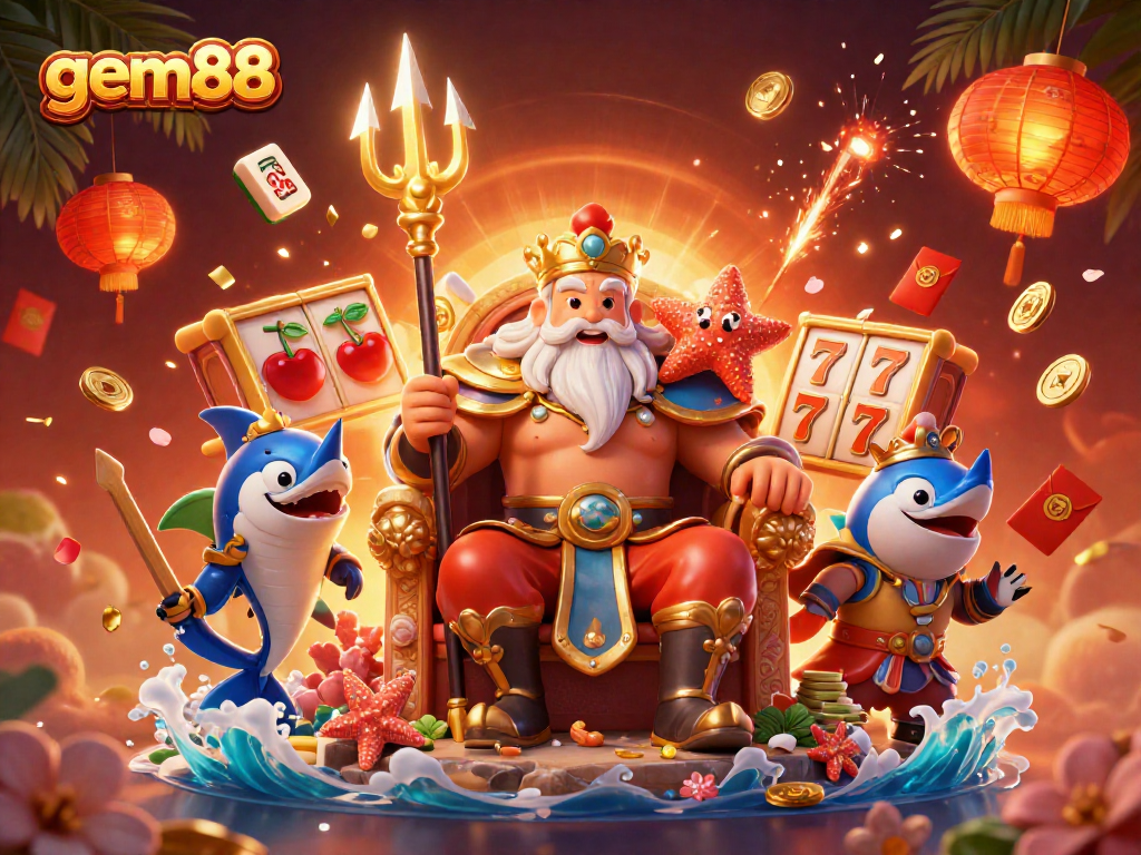Experience gem88's vibrant online slots with Neptune and samurai amidst golden jackpots and festive elements.