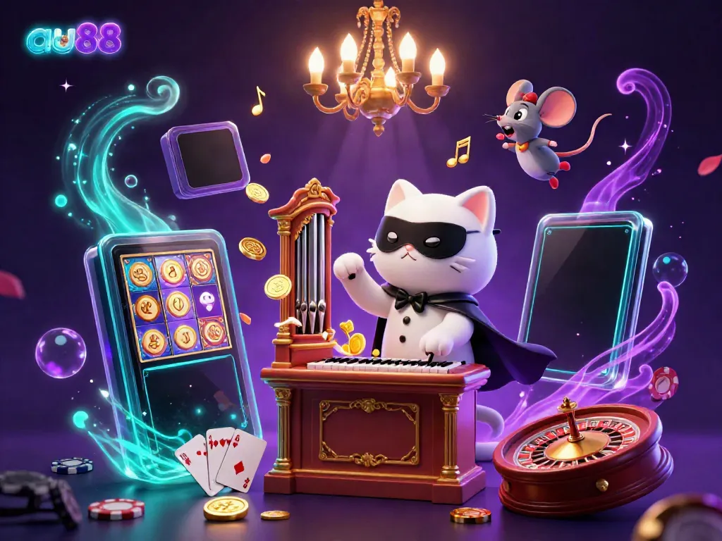 Experience the excitement of au88 with a vibrant casino scene featuring a phantom cat and dynamic gaming elements.