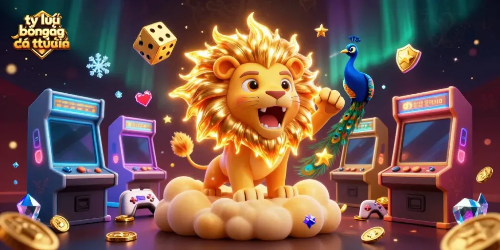 Engage with the thrilling tỷ lệ bóng đá trực tuyến experience featuring a roaring sun lion amidst dynamic casino elements.