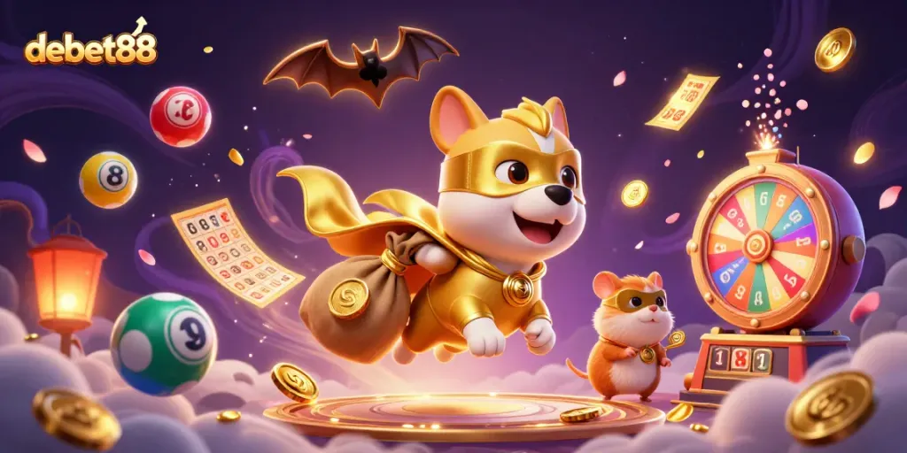 Experience the excitement of debet88 with a superhero dog flying and lottery elements surrounding