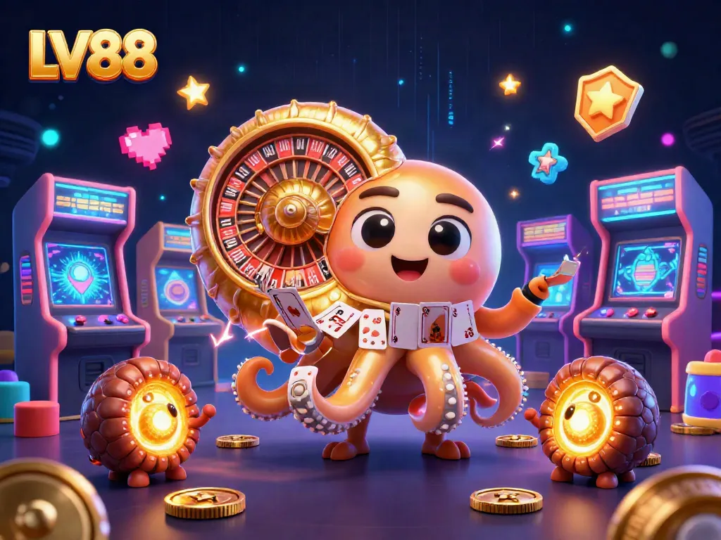 Engage with LV88's vibrant casino world featuring a giant nautilus roulette wheel and captivating game elements.