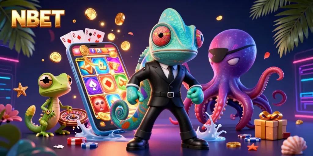 Experience thrilling gameplay with NBET, featuring a secret agent chameleon and exciting casino elements.