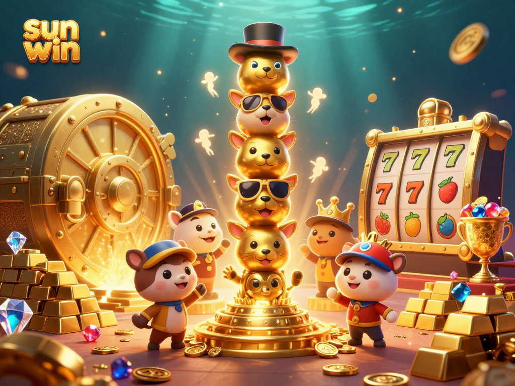Play games at sun win with animated characters and casino elements in an enchanting 3D illustration.