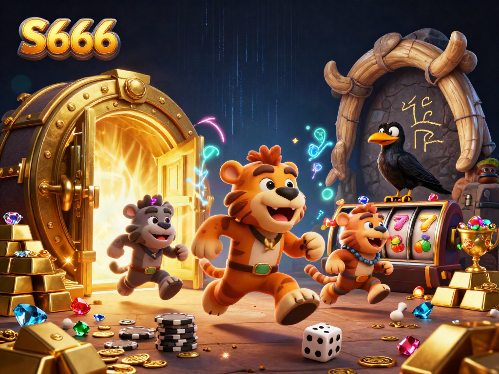 Engage in thrilling S666 casino games with this rich cartoon scene of cavemen and treasures.