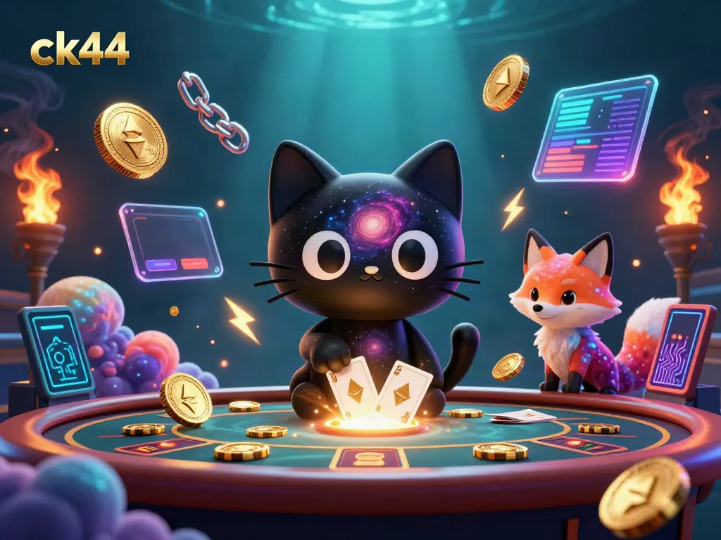 Engage in ck44's thrilling cosmic casino adventure with a black hole cat and nebula fox!