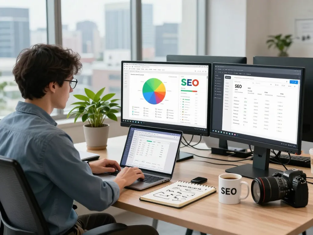 SEO Audit analysis in a modern workspace with data metrics on screen.