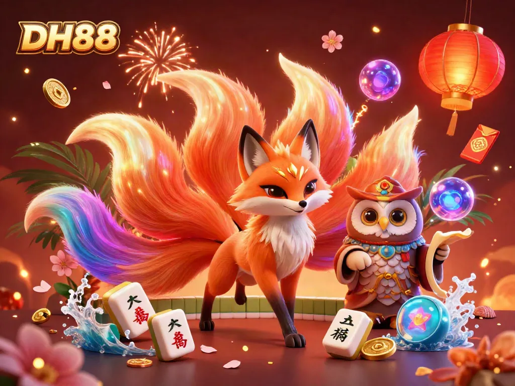 Engage with DH88's vibrant casino atmosphere featuring a nine-tailed fox spirit and wise owl surrounded by festive symbols.