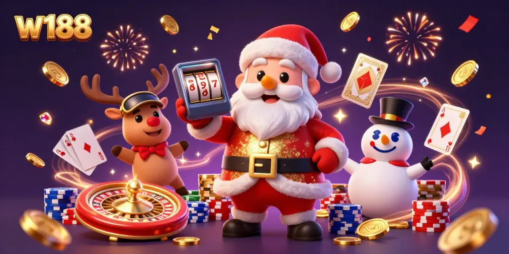Experience exciting gaming at w188 with vibrant characters and casino elements in a festive atmosphere.