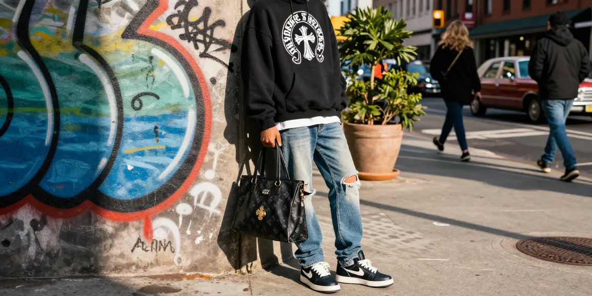 Fashionable individual showcasing Chrome Hearts clothing in a vibrant urban setting, embodying luxury streetwear style.
