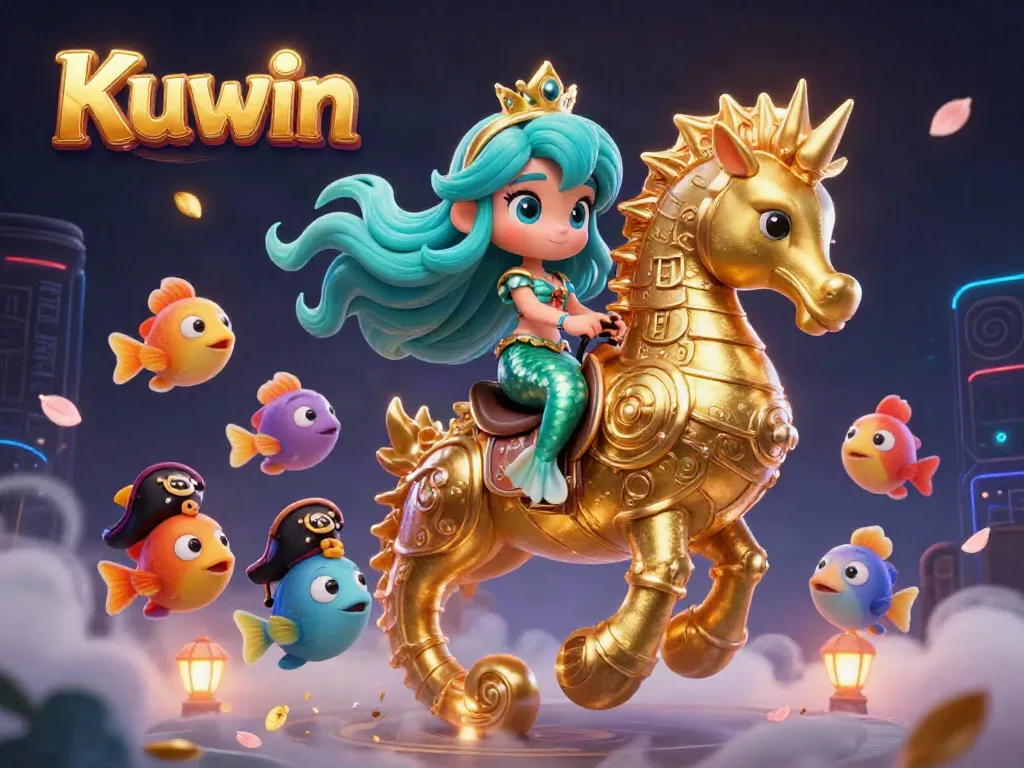 Kuwin casino scene with a vibrant mermaid, seahorse, and dynamic 3D gaming elements.