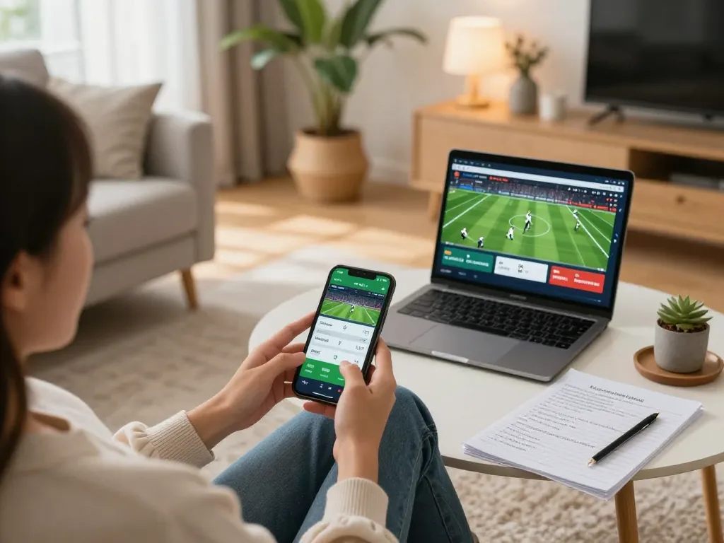 Engaging scene of online sports betting with trang cá cược bóng đá app on smartphone in a cozy setting