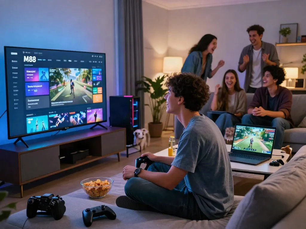 M88 Login alternatif showcased in a vibrant gaming atmosphere with friends enjoying a modern living room setup