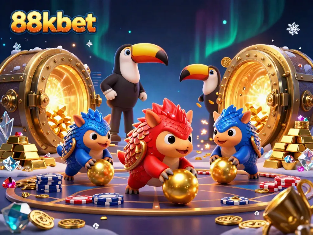 Experience the thrilling game dynamics at 88kbet with rival pangolins rolling through poker chips surrounded by dazzling riches.